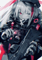 Rule 34 | 1girl, aamond, absurdres, battle rifle, beret, bullpup, cellphone, desert tech mdr, flip phone, girls&#039; frontline, gloves, grey hair, greyscale, gun, hat, heterochromia, highres, holding, holding phone, jacket, long hair, looking at viewer, mdr (girls&#039; frontline), monochrome, multicolored hair, phone, pink eyes, pink hair, rifle, solo, strap, streaked hair, tactical clothes, weapon
