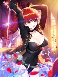 Rule 34 | 1girl, arms up, black choker, black jacket, black leotard, black ribbon, breasts, chain, choker, cleavage, collarbone, commentary request, covered navel, cowboy shot, flower, glint, gloves, highres, holding, indoors, jacket, kyundoo, leotard, long hair, looking at viewer, medium breasts, open clothes, open jacket, persona, persona 5, persona 5 the royal, ponytail, rapier, red eyes, red gloves, red hair, ribbon, rose, solo, sword, teeth, upper teeth only, weapon, white flower, yoshizawa kasumi