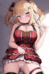 Rule 34 | 1girl, akai haato, akai haato (gothic lolita), bed sheet, black choker, black thighhighs, blonde hair, blue eyes, blush, bow, breasts, choker, commentary request, dress, hair bow, hair ornament, hairpin, heart, heart hair ornament, highres, hololive, large breasts, long hair, looking at viewer, lying, mochitsuki karen, official alternate costume, on back, on bed, pearl thong, pussy, red bow, red dress, sleeveless, solo, teeth, thigh strap, thighhighs, twintails, virtual youtuber, x hair ornament