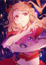 Rule 34 | 1girl, aikatsu! (series), aikatsu stars!, bad id, bad twitter id, blonde hair, blue background, bow, cowboy shot, cropped shirt, dancing, double exposure, earrings, floral print, hair bow, hands up, highres, idol clothes, jewelry, kasumi mahiru, long hair, looking to the side, midriff, one side up, parted lips, pink eyes, pink shirt, red bow, red skirt, shiontaso, shirt, skirt, sky, solo, standing, star (sky), starry sky