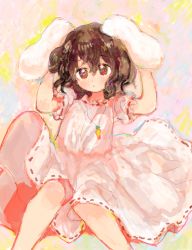 Rule 34 | 1girl, animal ears, arms up, bad drawr id, bad id, blush, carrot necklace, colorful, dot nose, drawr, dress, ears down, feet out of frame, frilled dress, frilled shirt collar, frilled sleeves, frills, gnsi, hair between eyes, hand on own ear, inaba tewi, jewelry, long dress, looking at viewer, necklace, oekaki, parted lips, rabbit ears, rabbit girl, ribbon-trimmed dress, ribbon-trimmed sleeves, ribbon trim, short sleeves, solo, touching ears, touhou, wavy hair
