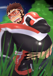 Rule 34 | 1boy, absurdres, akashi (live a hero), ass, bara, bodysuit, censored, dotsu (wtnbkwiyd), facial hair, flaccid, from below, from side, goatee, goggles, grass, highres, large pectorals, leg up, live a hero, long sideburns, looking at viewer, male focus, muscular, muscular male, open mouth, pectorals, red eyes, red hair, scar, scar on face, scar on nose, scribble censor, short hair, shy, sideburns, solo, superhero costume, thick thighs, thighs, torn bodysuit, torn clothes
