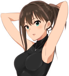 10s 1girl adjusting_hair alternate_hairstyle aqua_eyes armpits arms_up bad_id bad_pixiv_id brown_hair earrings female_focus idolmaster idolmaster_cinderella_girls jewelry keikesu necklace parted_lips ponytail shibuya_rin sleeveless sleeveless_turtleneck solo turtleneck