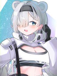 Rule 34 | 1girl, :d, absurdres, animal ears, arknights, aurora (arknights), black gloves, black hairband, blue eyes, blush, breasts, cleavage, cleavage cutout, clothing cutout, crop top, gloves, grey hair, hair flip, hair over one eye, hairband, hand in own hair, hand up, highres, jacket, light particles, long hair, long sleeves, one eye covered, open mouth, smile, solo, spam (spamham4506), turning head, turtleneck, turtleneck jacket, unzipped, upper body, white jacket, zipper