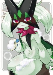 Rule 34 | 1girl, :d, body fur, creatures (company), furry, furry female, game freak, green fur, green hair, grey background, highres, looking at viewer, mask, meowscarada, nata de coco (pankptomato), nintendo, open mouth, pokemon, pokemon (creature), red eyes, sitting, smile, solo