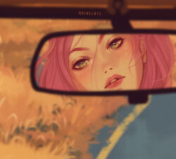 Rule 34 | 1girl, anihelate, artist name, blurry, commentary, depth of field, english commentary, grass, green eyes, haruno sakura, highres, mirror, naruto (series), naruto shippuuden, parted lips, pink hair, pink lips, rear-view mirror, reflection, road, solo
