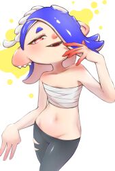 Rule 34 | 1girl, absurdres, blue hair, chest sarashi, collarbone, cowboy shot, ear piercing, fangs, groin, hair over one eye, highres, looking at viewer, navel, nintendo, octoling player character, open mouth, piercing, pspider (fkse3722), red eyes, sarashi, shiver (splatoon), smile, solo, splatoon (series), splatoon 3, tentacle hair