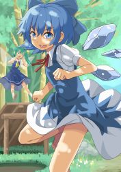 Rule 34 | 2girls, bare legs, barefoot, blue dress, blue eyes, blue hair, bow, cirno, daiyousei, dress, fairy wings, green eyes, green hair, hair bow, hair ribbon, hand to own mouth, highres, ice, ice wings, multiple girls, open mouth, pinafore dress, puffy sleeves, ribbon, shimouki izui, shirt, short sleeves, side ponytail, sleeveless, sleeveless dress, smile, touhou, tree, wings