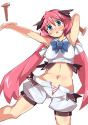 Rule 34 | 1girl, blue eyes, blush, bow, bowtie, hammer, kounosu satori, long hair, midriff, navel, open fly, open mouth, original, panties, pic k, pink hair, shorts, simple background, solo, striped clothes, striped panties, underwear, unzipped, white background