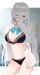 Rule 34 | 1girl, absurdres, anastasia (fate), black bra, black panties, blue eyes, blush, bow, bra, breasts, cowboy shot, evening rabbit, fate/grand order, fate (series), hairband, highres, large breasts, long hair, navel, open clothes, open shirt, panties, shirt, silver hair, solo, underwear, white shirt