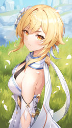 Rule 34 | 1girl, bare shoulders, blonde hair, breasts, closed mouth, feather hair ornament, feathers, flower, from side, genshin impact, grass, hair flower, hair ornament, highres, looking at viewer, lumine (genshin impact), lunacle, medium breasts, mountain, outdoors, petals, scarf, short hair with long locks, solo, white dragon ninja, white scarf, yellow eyes
