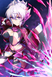 Rule 34 | 1girl, ahoge, bow (weapon), breasts, chloe von einzbern, chloe von einzbern (cosplay), cleavage, cosplay, fate/kaleid liner prisma illya, fate (series), glowing, headgear, large breasts, light purple hair, looking at viewer, midriff, navel, purple eyes, senki zesshou symphogear, senki zesshou symphogear xd unlimited, shiny skin, solo, standing, thighhighs, uganda (ugandam 00), waist cape, weapon, white thighhighs, yukine chris