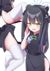 Rule 34 | 1girl, animal ear fluff, animal ears, black dress, black hair, blue archive, blush, breasts, china dress, chinese clothes, commentary request, dress, green eyes, hair ornament, halo, highres, long hair, looking at viewer, multiple views, nenosame, open mouth, pelvic curtain, short sleeves, shun (blue archive), shun (small) (blue archive), side slit, sidelocks, simple background, small breasts, smile, thighhighs, thighs, tiger ears, two side up, white background, white thighhighs