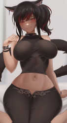 Rule 34 | 1girl, absurdres, animal ears, warrior of light (ff14), bare shoulders, black hair, black pants, black shirt, blush, bracelet, breasts, cat ears, cat tail, earrings, final fantasy, final fantasy xiv, half-closed eyes, highres, jewelry, large breasts, looking at viewer, medium hair, meowrim, midriff, multicolored hair, navel, pants, red eyes, red hair, shiny skin, shirt, side ponytail, sitting, smile, solo, stomach, streaked hair, tail, wariza
