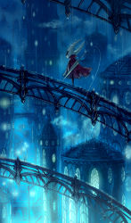 Rule 34 | 1other, blue theme, bridge, building, cloud, commentary request, from behind, highres, hollow knight, hornet (hollow knight), in-universe location, mamoru mikokoro, needle (hollow knight), rain, red robe, robe, scenery, solo, standing, tower, weapon, weapon on back, weapon request, wet, wet clothes, wide shot, window