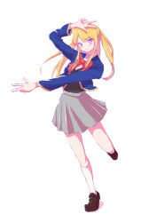 Rule 34 | 1girl, absurdres, arm up, black vest, blonde hair, blue jacket, blush, bow, bowtie, brown footwear, closed mouth, collared shirt, cropped jacket, double v, full body, grey skirt, highres, hoshino ruby, jacket, kaneko ryou, kneehighs, loafers, long hair, long sleeves, looking at viewer, mismatched pupils, one side up, oshi no ko, pink eyes, pleated skirt, red bow, red bowtie, school uniform, shirt, shoes, sidelocks, simple background, skirt, socks, solo, star-shaped pupils, star (symbol), symbol-shaped pupils, v, vest, white background, white shirt, white socks
