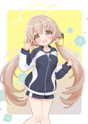 Rule 34 | 1girl, alternate costume, blue archive, blush, collarbone, commentary request, halo, hifumi (blue archive), highres, jacket, jersey, light brown hair, long hair, low twintails, open mouth, shorts, simple background, solo, track jacket, track suit, twintails, yellow eyes, yunosuke kon