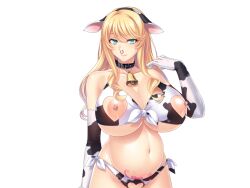 Rule 34 | 1girl, :&gt;, animal ears, animal print, arm at side, bell, belt collar, blonde hair, breasts, brown hair, cleavage, closed mouth, clothing cutout, collar, cow ears, cow print, cowbell, cowboy shot, crotchless, crotchless panties, elbow gloves, eyebrows hidden by hair, female focus, game cg, gloves, green eyes, hairband, hand up, heart, heart cutout, heart tattoo, huge breasts, large areolae, long hair, looking at viewer, miel (company), mizugi no kinpatsu bakunyuu jd wo beach de dekachin nanpa, navel, neck bell, nipple cutout, nipple piercing, nippleless clothes, nipples, nose piercing, nose ring, original, panties, piercing, pregnant, pubic cutout, pubic tattoo, smile, solo, standing, t-28 (artist), tachi-e, tattoo, transparent background, underboob, underwear
