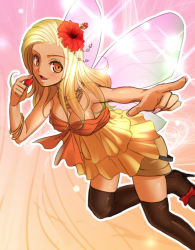 Rule 34 | 1girl, bad id, bad pixiv id, blonde hair, bracelet, breasts, cleavage, dark-skinned female, dark skin, dragon quest, dragon quest ix, fairy, flower, food, foreshortening, fruit, ganguro, hibiscus, high heels, holding, holding food, holding fruit, jewelry, kakaon, large breasts, level-5, nail polish, pink nails, pointing, sandy (dq9), shoes, solo, strawberry, tan, thighhighs, wings, zettai ryouiki