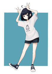 Rule 34 | 1girl, 1ssakawaguchi, absurdres, ahoge, arms up, bad id, bad pixiv id, bare legs, black eyes, black hair, blue footwear, clothes writing, commentary request, denim, denim shorts, detached ahoge, expressionless, full body, green background, high tops, highres, looking at viewer, multicolored footwear, original, pale skin, shirt, shoes, short shorts, short sleeves, shorts, sneakers, solo, t-shirt, translation request, two-tone background, w, white background, white footwear
