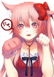 Rule 34 | 1girl, animal ear fluff, animal ears, animal hands, asagi yuna, bad id, bad pixiv id, bell, bow, cat ears, cat girl, collar, collarbone, dress, ear ribbon, fang, female focus, gloves, hair bow, hair ornament, hair ribbon, highres, jingle bell, leash, long hair, looking at viewer, nail art, nail polish, neck bell, nyan, open mouth, original, paw gloves, paw pose, pink eyes, pink hair, red dress, ribbon, simple background, single glove, smile, solo, straight hair, translated, white background