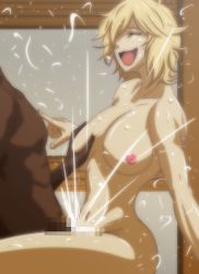 Rule 34 | 1boy, 1girl, blonde hair, breasts, cahlacahla, censored, closed eyes, cum, cum in pussy, cum overflow, ejaculation, grabbing, grabbing another&#039;s breast, hetero, highres, interracial, jormungand (manga), nipples, nude, open mouth, orgasm, schokolade, sequential set, sex, sitting, solo focus, sweat, vaginal