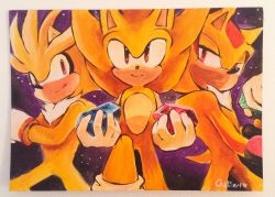 Rule 34 | 3boys, animal ears, artist name, blonde hair, border, brown eyes, crystal, expressionless, gloves, half-closed eyes, hand up, hands up, heart, holding, leg up, looking at viewer, male focus, multicolored hair, multiple boys, purple background, red eyes, red hair, shadow the hedgehog, sideways mouth, signature, silver the hedgehog, simple background, socks, sonic the hedgehog, sonic (series), spacecolonie, super shadow, super silver, super sonic, tail, traditional media, two-tone hair, white border, white gloves, yellow legwear