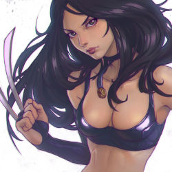 Rule 34 | 10s, 1girl, bare shoulders, bikini, bikini top only, black hair, breasts, choker, claw (weapon), cleavage, clenched hand, elbow gloves, eyelashes, fingerless gloves, gloves, green eyes, ilya kuvshinov, jewelry, long hair, marvel, skin tight, sleeveless, solo, swimsuit, weapon, white background, x-23, x-men