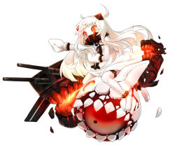 Rule 34 | 10s, 1girl, abyssal ship, aircraft, airplane, dress, horns, kantai collection, kochipu, leg belt, long hair, mittens, northern ocean princess, pale skin, red eyes, simple background, sitting, solo, teeth, toy, white background, white hair