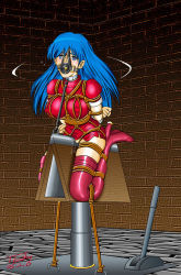 Rule 34 | 1girl, arms behind back, bdsm, blue hair, bondage, bound, bound legs, box tie, breast bondage, breasts, caeda (fire emblem), drooling, fire emblem, fire emblem: mystery of the emblem, frogtie, gag, gagged, high heels, large breasts, nintendo, nose hook, pain, plug gag, ring gag, saliva, sheeda (fire emblem), shibari, shibari over clothes, shoes, solo, tears, thighhighs, tkaiko, torture, warrior, wooden horse