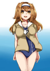 Rule 34 | 1girl, absurdres, blue background, breasts, brown eyes, clothes writing, collarbone, cowboy shot, eyebrows hidden by hair, gradient background, green jacket, hair between eyes, hairband, highres, i-26 (kancolle), jacket, kantai collection, light brown hair, long hair, looking at viewer, medium breasts, name tag, nanari (nanari nannari), new school swimsuit, one-piece swimsuit, open mouth, sailor collar, school swimsuit, short sleeves, smile, solo, swimsuit, swimsuit under clothes, two-tone hairband, two side up