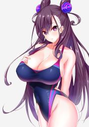 Rule 34 | 1girl, arm behind back, bare arms, bare shoulders, black hair, blue one-piece swimsuit, blush, breasts, cleavage, collarbone, competition swimsuit, cone hair bun, covered navel, cowboy shot, double bun, fate/grand order, fate (series), from side, grey background, groin, hair between eyes, hair bun, hair ornament, hand on own chest, head tilt, highleg, highleg swimsuit, highres, hip focus, large breasts, long hair, looking at viewer, murasaki shikibu (fate), one-piece swimsuit, parted lips, purple eyes, sankakusui, sideboob, sidelocks, simple background, skin tight, slit pupils, solo, standing, swimsuit, taut clothes, thighs, two side up, very long hair