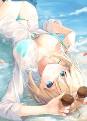 Rule 34 | 1girl, absurdres, ahoge, arm up, azuuru, bare shoulders, bikini, bikini under clothes, blonde hair, blouse, blue bikini, blue eyes, blurry, breasts, buttons, cleavage, collarbone, day, depth of field, dress shirt, unworn eyewear, flower, front-tie bikini top, front-tie top, hand up, hibiscus, highres, holding, large breasts, long hair, looking at viewer, lying, non-web source, off shoulder, on back, original, outdoors, partially unbuttoned, red flower, revision, scan, see-through, shirt, smile, solo, strap pull, string bikini, sunglasses, swimsuit, thighs, upside-down, water, wet, wet clothes, wet shirt, white shirt