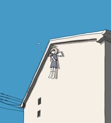 Rule 34 | 1girl, angel, angel wings, blue sky, brown hair, closed eyes, day, dress, facing ahead, flying, from below, grey dress, halo, hands up, house, medium hair, no mouth, no shoes, original, outdoors, own hands clasped, own hands together, power lines, shadow, short sleeves, sky, socks, solo, umi ha kirai, white socks, wide shot, wings