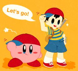 Rule 34 | 1boy, backpack, bag, baseball bat, baseball cap, black hair, blue shorts, brown bag, commentary, crossover, english commentary, hat, kirby, kirby (series), male focus, mother (game), mother 2, ness (mother 2), nintendo, nonana (mikudrop), red footwear, shirt, shorts, sideways hat, smile, socks, speech bubble, striped clothes, striped shirt, white socks, yellow background
