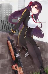 Rule 34 | 1girl, against wall, breasts, brick wall, bullpup, character name, collared shirt, copyright name, girls&#039; frontline, gloves, gun, highres, large breasts, long hair, looking at viewer, necktie, pantyhose, purple hair, red eyes, red necktie, red ribbon, ribbon, rifle, shirt, sniper rifle, solo, thighband pantyhose, twintails, udon-udon, wa2000 (girls&#039; frontline), wall, walther, walther wa 2000, weapon