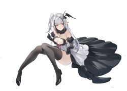 Rule 34 | 1girl, absurdres, azur lane, bare shoulders, black dress, black footwear, black gloves, black hair, black thighhighs, bow, breasts, dress, dress bow, elbow gloves, flantia, gloves, highres, layered dress, long hair, looking at viewer, medium breasts, multicolored hair, one side up, parted lips, pointy ears, red bow, red eyes, sevastopol (azur lane), solo, streaked hair, thighhighs, two-tone dress, white dress, white hair, wing hair ornament