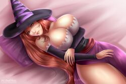 Rule 34 | 1girl, armgloves, bedroom, breasts, brown hair, cushion, dragon&#039;s crown, flowerxl, hat, highres, large breasts, long hair, looking at viewer, lying, mature female, pink eyes, red eyes, solo, sorceress (dragon&#039;s crown), thighhighs, underboob, witch, witch hat