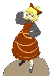 Rule 34 | 1girl, blonde hair, bow, breasts, brown eyes, buttons, cea se, dress, female focus, hair bow, hair ribbon, hand on own hip, kurodani yamame, long sleeves, open mouth, ribbon, shoes, short hair, socks, solo, touhou