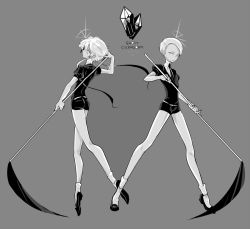 Rule 34 | 10s, 2others, androgynous, ass, back, bare arms, belt, black footwear, black nails, black necktie, black shorts, cairngorm (houseki no kuni), character name, closed mouth, cojima, collared shirt, crystal, dual persona, frown, full body, ghost quartz (houseki no kuni), grey background, greyscale, holding, holding weapon, houseki no kuni, legs apart, looking at viewer, monochrome, multiple others, nail polish, necktie, profile, puffy short sleeves, puffy sleeves, scythe, shirt, shoes, short hair, short hair with long locks, short sleeves, shorts, silver hair, simple background, socks, time paradox, weapon, white shirt