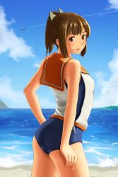 Rule 34 | 10s, 1girl, arched back, ass, brown eyes, brown hair, dominico, highres, i-401 (kancolle), kantai collection, personification, ponytail, school swimsuit, short hair, short ponytail, solo, swimsuit, swimsuit under clothes