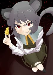 Rule 34 | 1girl, abe ranzu, animal ears, bad id, bad pixiv id, cheese, female focus, food, from above, glowing, glowing eyes, grey hair, grin, mouse ears, mouse tail, nazrin, red eyes, short hair, smile, smirk, solo, tail, touhou