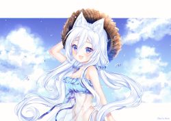 Rule 34 | 1girl, :d, animal ear fluff, animal ears, arm up, bad id, bad pixiv id, bare arms, bare shoulders, blue eyes, blue ribbon, blue scrunchie, blue sky, blush, breasts, brown hat, cat ears, cleavage, cloud, cloudy sky, commentary, day, dress, english commentary, hair between eyes, hair ornament, hair scrunchie, hat, long hair, looking at viewer, low twintails, medium breasts, nami (nyaa), navel, open mouth, original, ribbon, scrunchie, see-through, sky, sleeveless, sleeveless dress, smile, solo, straw hat, twintails, very long hair, water drop, white hair