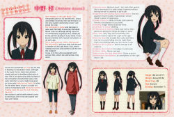Rule 34 | 1girl, black hair, casual, character profile, character sheet, hard-translated, highres, k-on!, multiple views, nakano azusa, official art, profile card, school uniform, third-party edit, turnaround, twintails