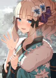 Rule 34 | 1girl, absurdres, blonde hair, blue eyes, blush, elf, highres, japanese clothes, kimono, long hair, long sleeves, looking at viewer, open mouth, pointy ears, princess connect!, saren (princess connect!), sixteenpo, smile, solo