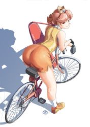 Rule 34 | 1girl, arched back, ass, automatic giraffe, bag, bent over, bicycle, bike shorts, black gloves, brown hair, collared shirt, crossed wrists, crown, dated, earrings, flower earrings, from behind, full body, gloves, highres, jewelry, legs, looking at viewer, looking back, mario (series), mario tennis, medium hair, mini crown, nintendo, orange footwear, orange shorts, parted bangs, princess daisy, racket, red eyes, riding, riding bicycle, shirt, shoes, short hair, short shorts, shorts, shoulder bag, signature, sleeveless, sleeveless shirt, smile, smug, sneakers, socks, solo, tennis daisy, tennis racket, white background, white socks, yellow shirt