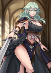 Rule 34 | 1girl, absurdres, armlet, armor, black dress, bracelet, breasts, byleth (female) (fire emblem), byleth (fire emblem), cleavage, commentary request, dancer (fire emblem: three houses), dress, fire emblem, fire emblem: three houses, green eyes, green hair, hazuki (nyorosuke), highres, holding, holding sword, holding weapon, indoors, jewelry, large breasts, long hair, looking at viewer, nintendo, shoulder armor, single-shoulder dress, smile, solo, standing, sword, thighs, weapon