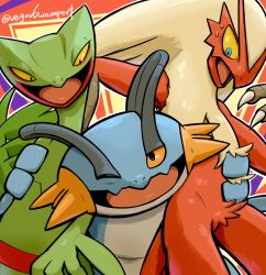 Rule 34 | animal focus, black eyes, blaziken, blue eyes, claws, colored sclera, creatures (company), feet out of frame, game freak, gen 3 pokemon, highres, hug, looking at another, multicolored background, nintendo, one eye closed, open mouth, pokemon, pokemon (creature), sceptile, starter pokemon trio, swampert, unconventional media, veganswampert, yellow sclera