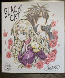 Rule 34 | 1boy, 1girl, artist name, black cat (series), blonde hair, blue eyes, brown hair, closed mouth, copyright name, flower, highres, long hair, looking at viewer, non-web source, red flower, red rose, rose, sephiria arks, simple background, source request, tattoo, train heartnet, white background, yabuki kentarou, yellow eyes