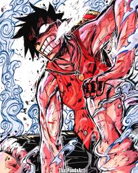 Rule 34 | 1boy, black hair, black shorts, blood, clenched teeth, commentary, cowboy shot, english commentary, hand on own knee, hat, highres, male focus, monkey d. luffy, one piece, red shirt, shirt, short hair, shorts, smoke, solo, straw hat, teeth, that one panda, white background